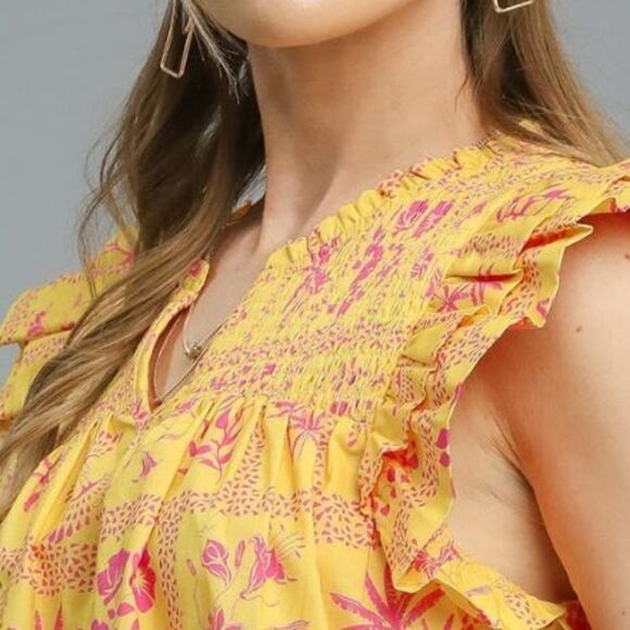 Umgee Casual Ruffle Sleeve Blouse Yellow Pink Floral Women's Top Large - Picture 5 of 6